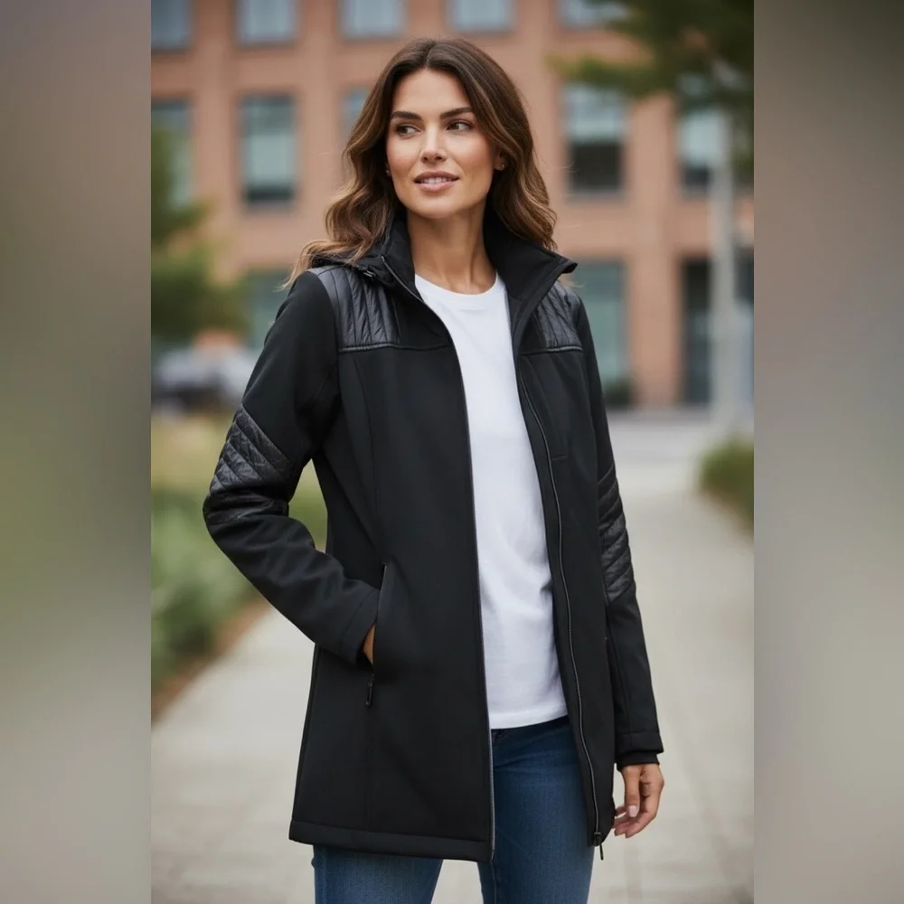 Michael Michael Kors Black Softshell Jacket Quilted Shoulder Zip Coat Women S